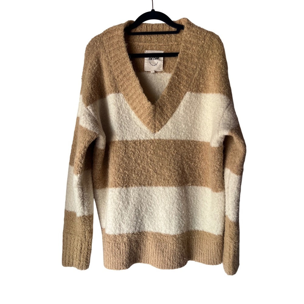 AERIE TEDDY BOUCLE SWEATER WOMEN'S SMALL KOKO BROWN STRIPED OVERSIZED FIT